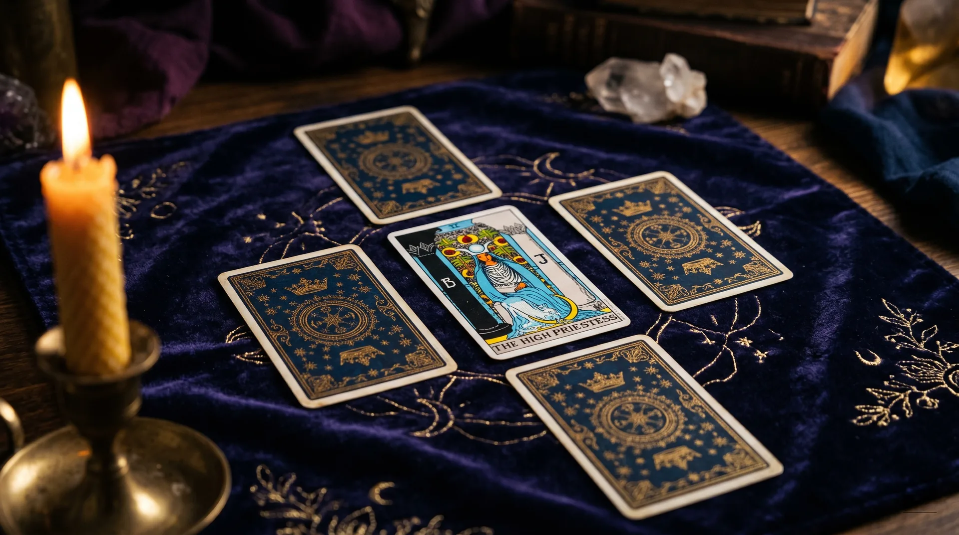 Cinco cartas de Tarot dispuestas sobre un mantel oscuro, iluminadas con una luz cálida
