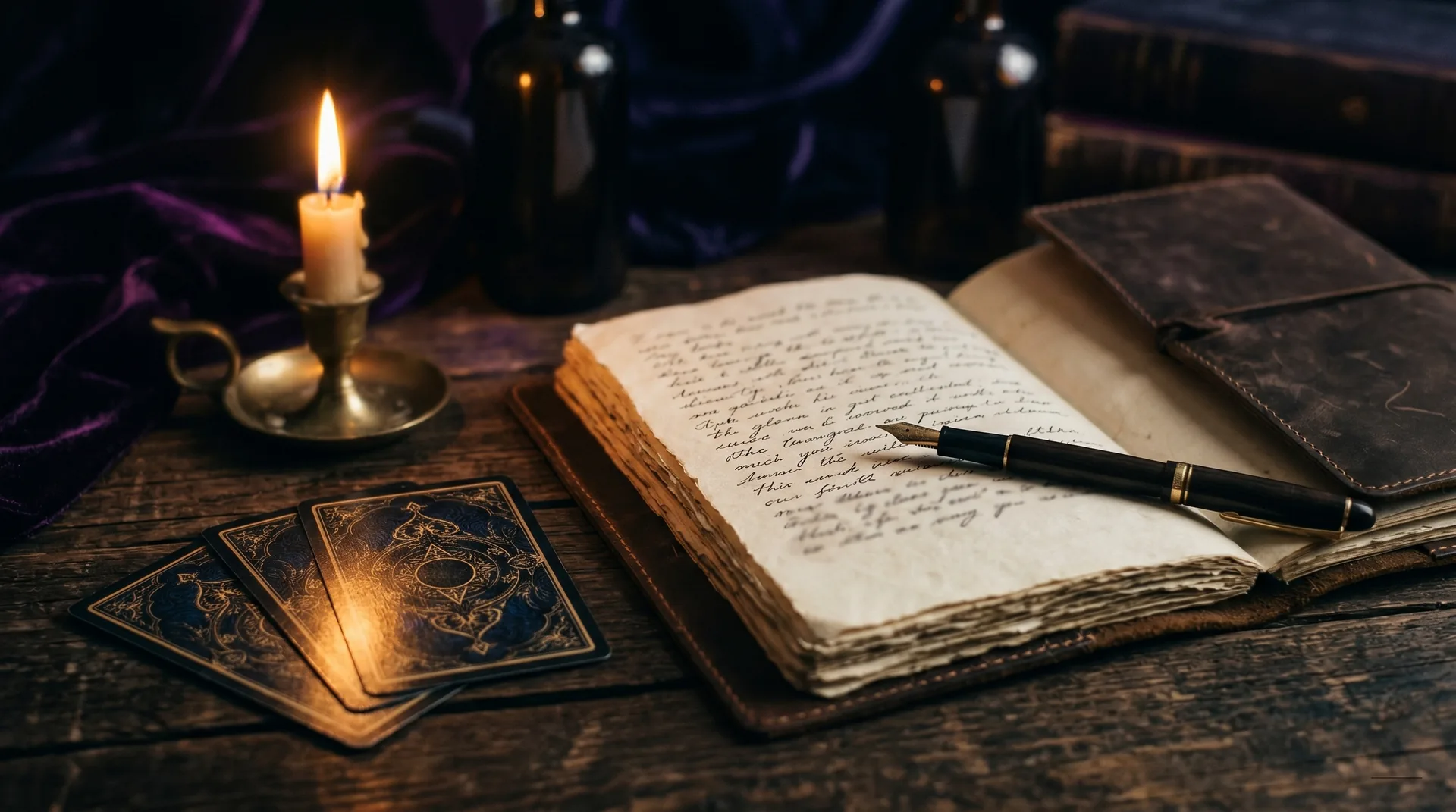 Libreta abierta con una pregunta escrita a mano junto a tres cartas de Tarot boca abajo y una vela encendida sobre fondo oscuro