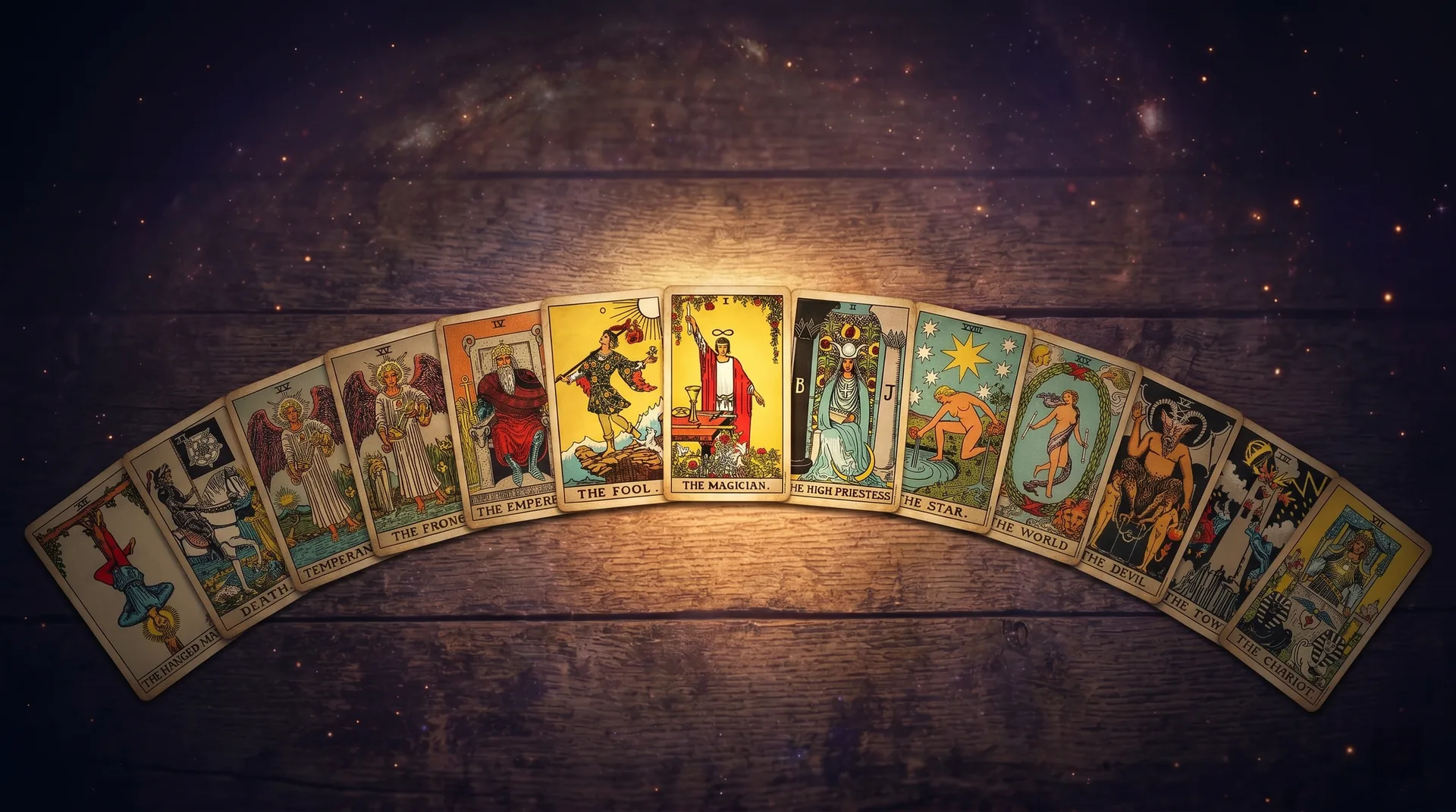 Las 22 cartas del Arcano Mayor dispuestas sobre un fondo oscuro con destellos dorados